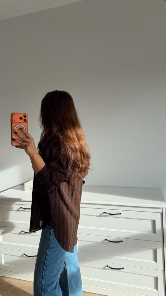 Soft Linen Dokulu Kahve Gömlek