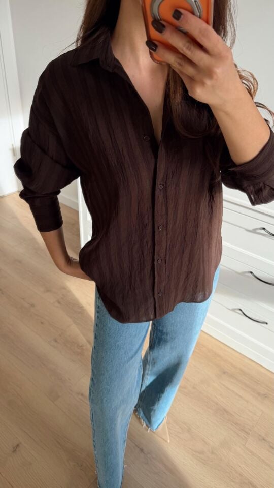 Soft Linen Dokulu Kahve Gömlek