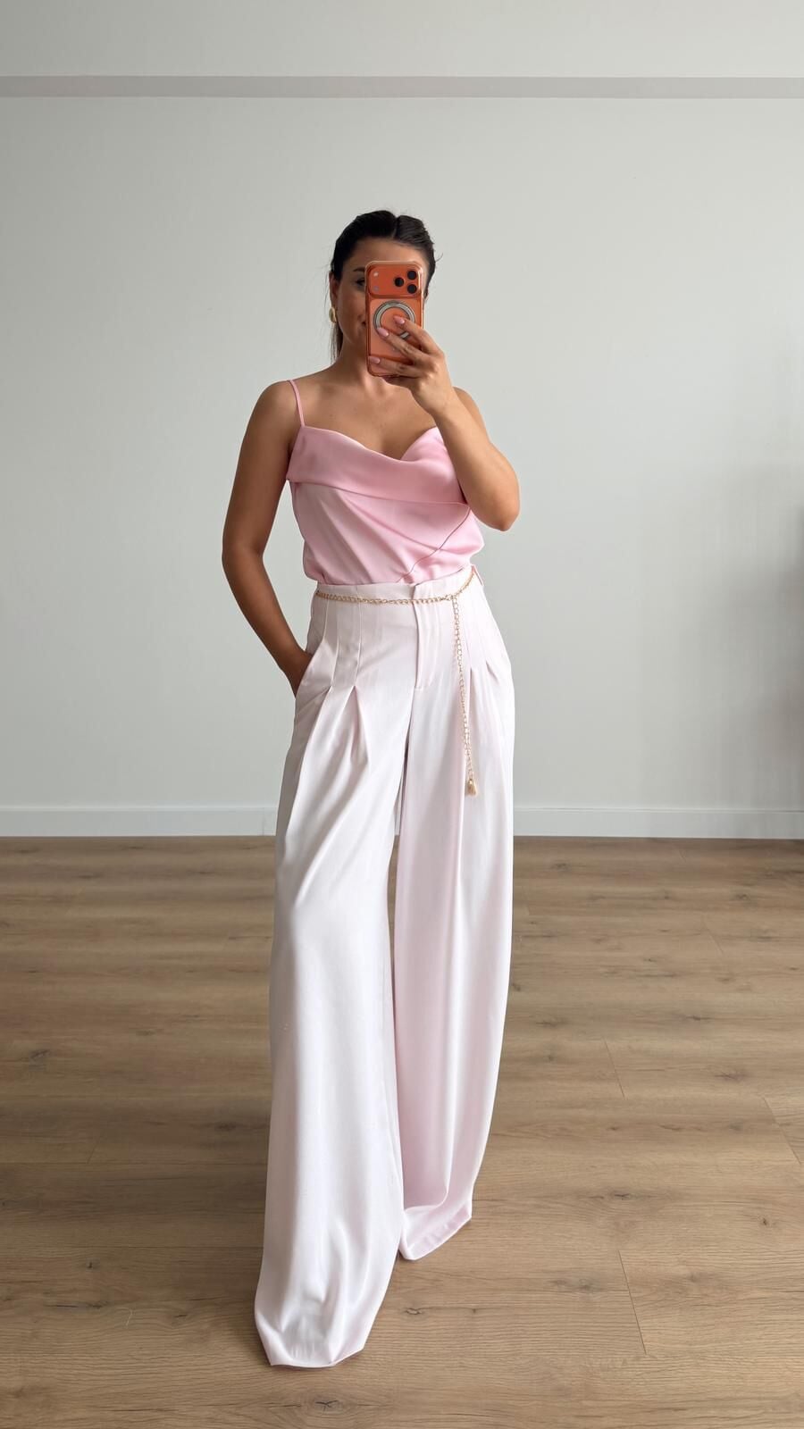 Zincir Kemerli Bol Pantolon Pembe