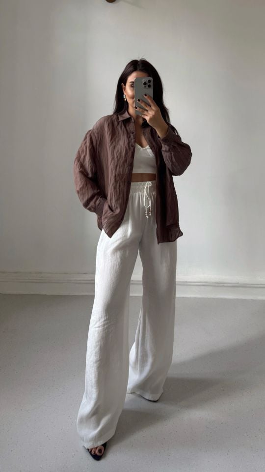 Bağcıklı Floş Pantolon Ekru