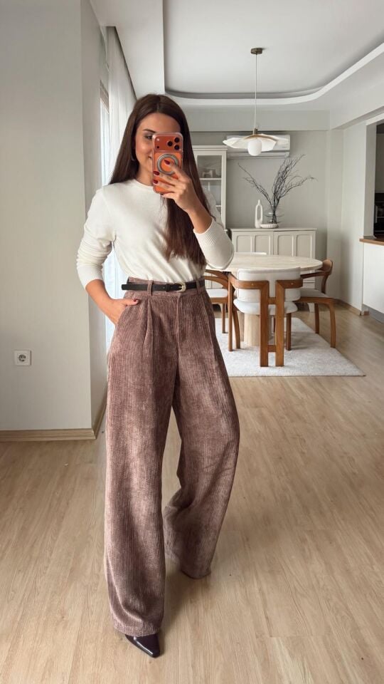 Kemerli Kadife Pantolon Vizon