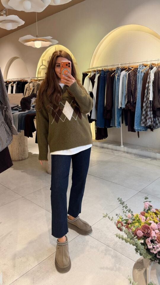 Düğmeli Baklava Kazak Yeşil