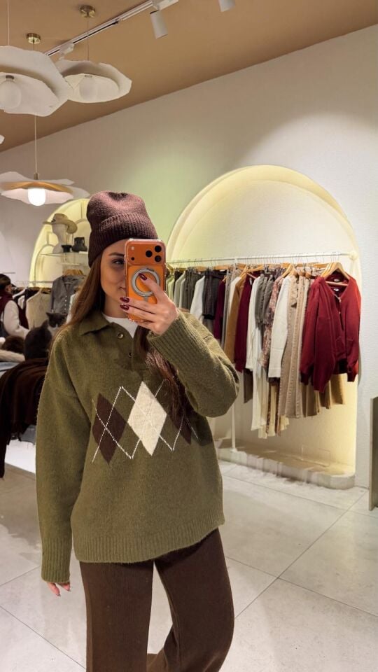 Düğmeli Baklava Kazak Yeşil