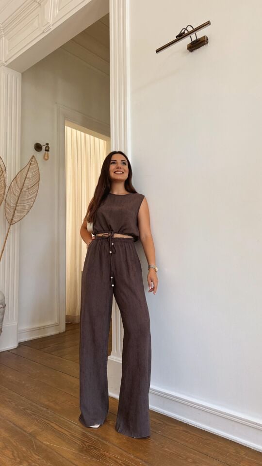 Kahve Büzgülü Pantolon