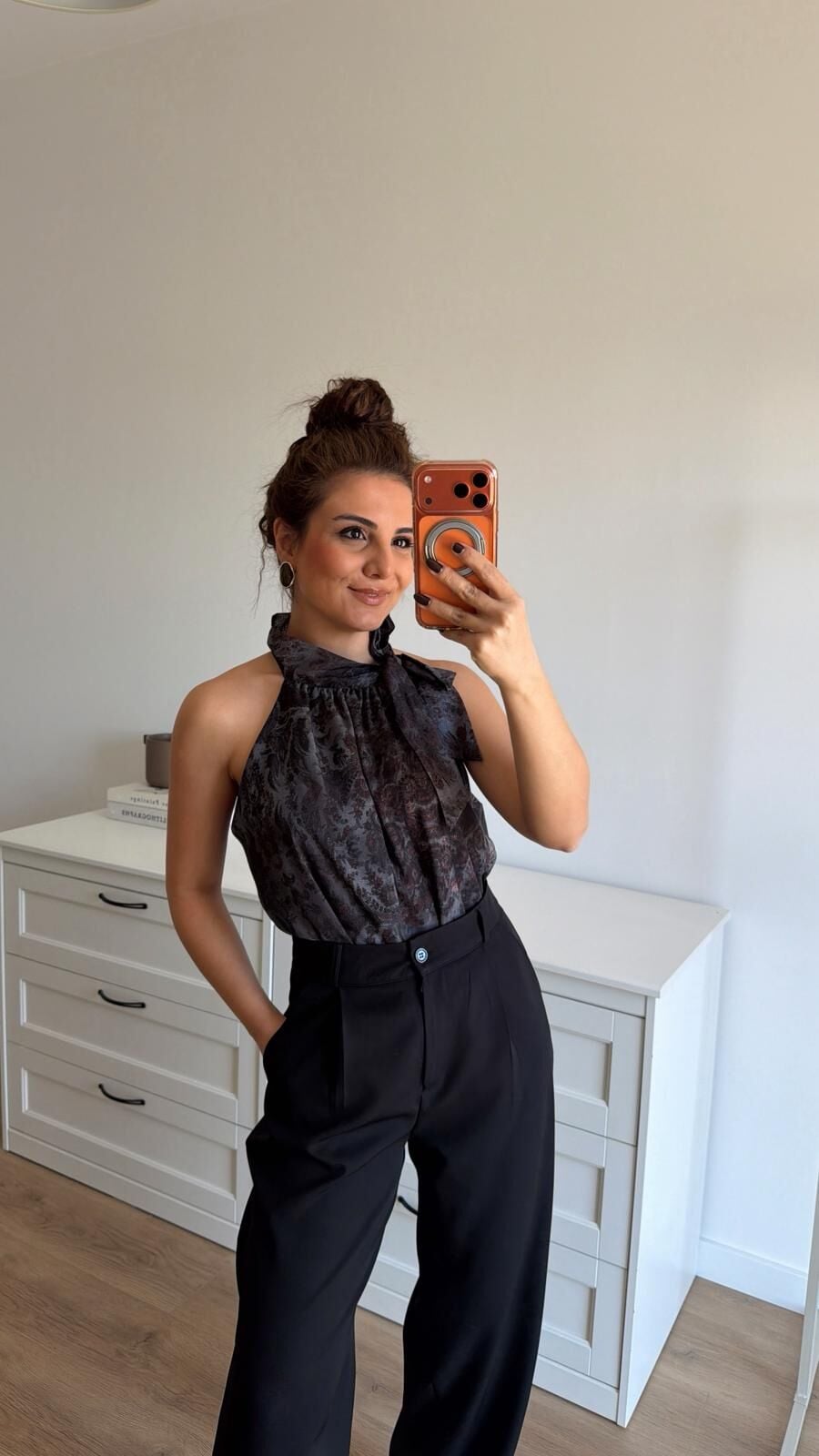 Vintage Antrasit Desenli Bluz