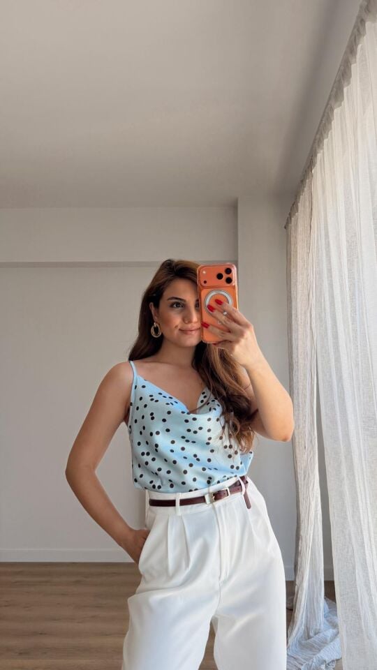Puantiyeli Askılı Bluz Mavi