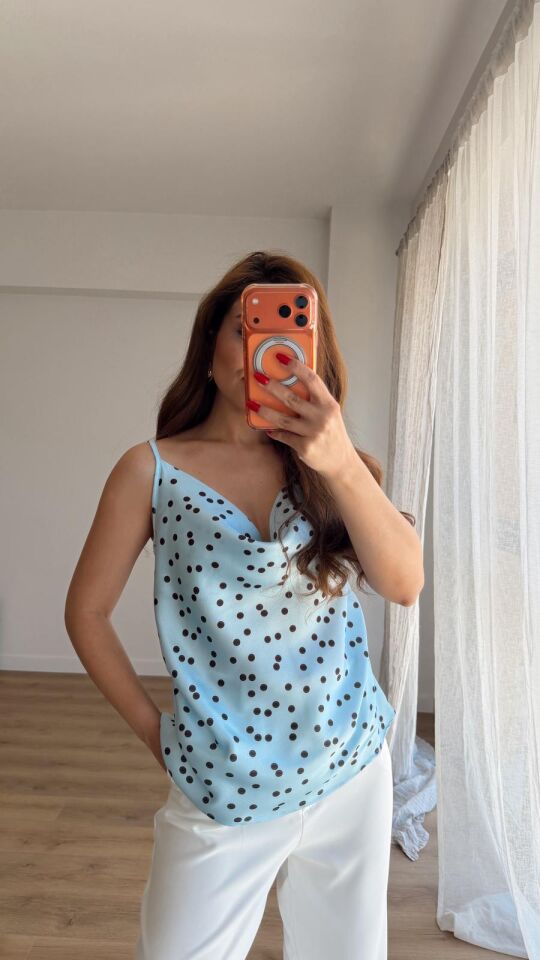 Puantiyeli Askılı Bluz Mavi