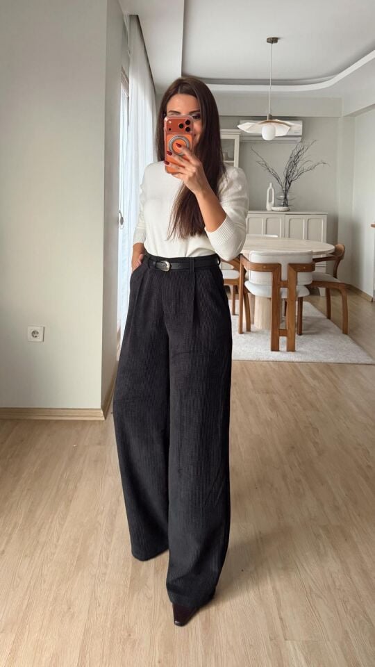 Kemerli Kadife Pantolon Siyah