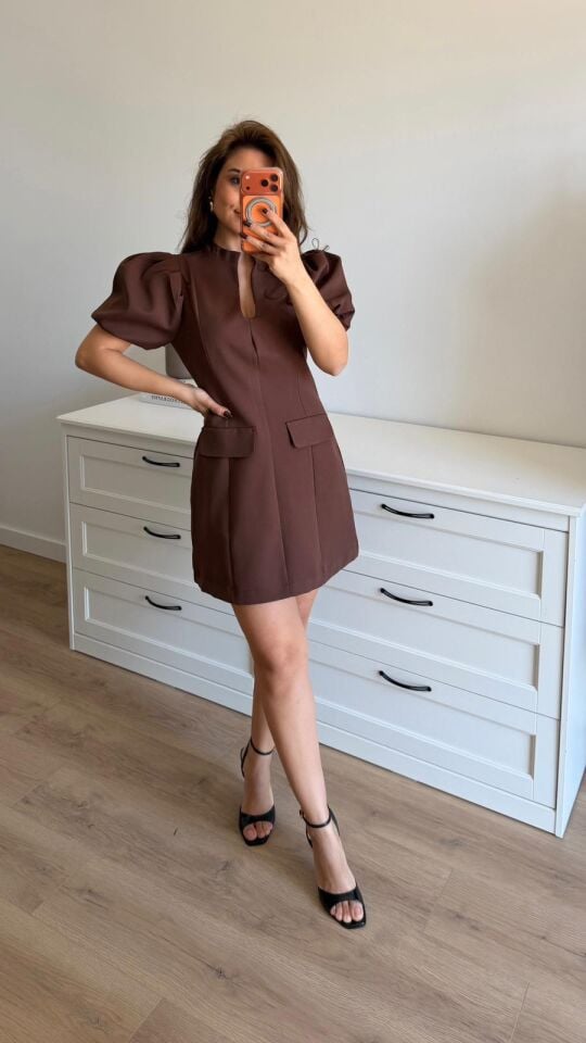 Balon Kol Mini Kahve Elbise