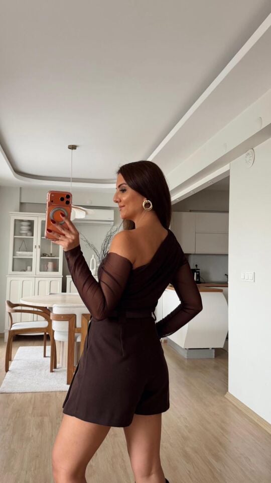 Tek Omuz Mesh Bluz Kahve