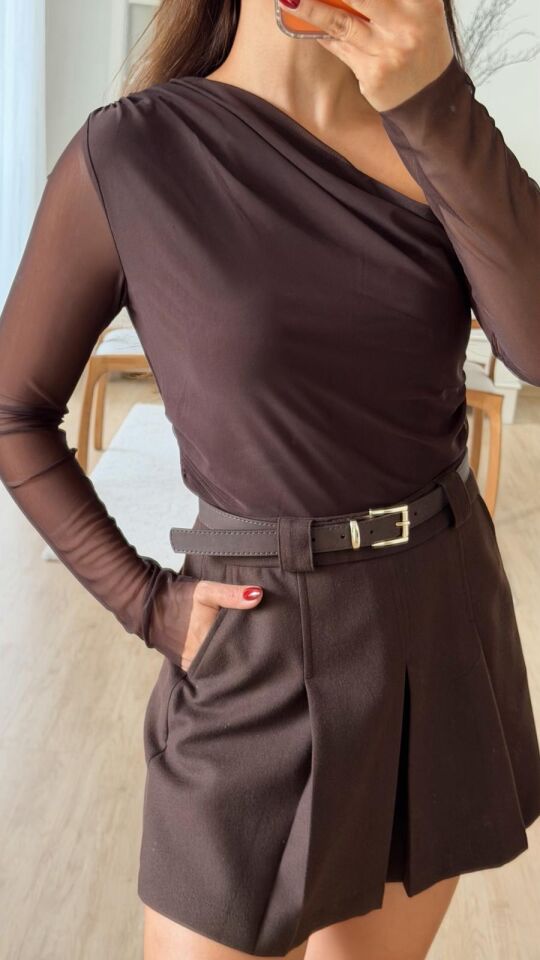 Tek Omuz Mesh Bluz Kahve