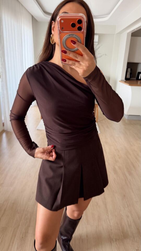 Tek Omuz Mesh Bluz Kahve