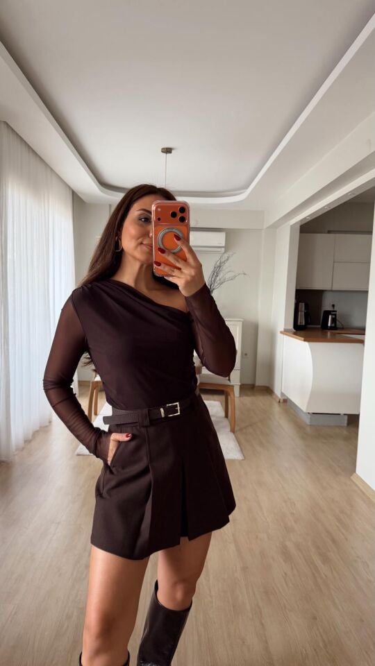 Tek Omuz Mesh Bluz Kahve