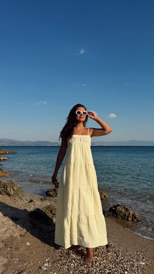 Sarı Müslin Midi Elbise