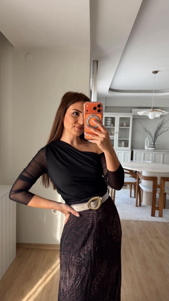 Tek Omuz Mesh Bluz Siyah