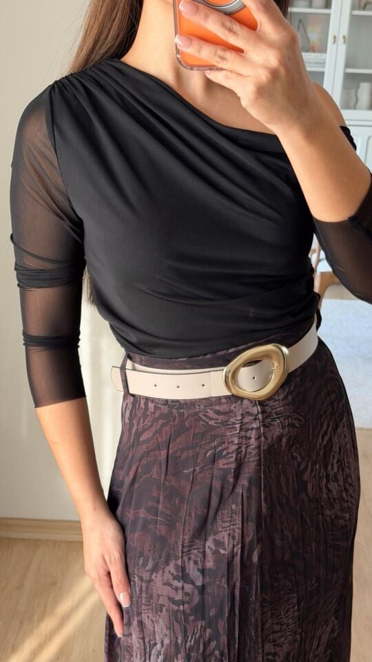 Tek Omuz Mesh Bluz Siyah