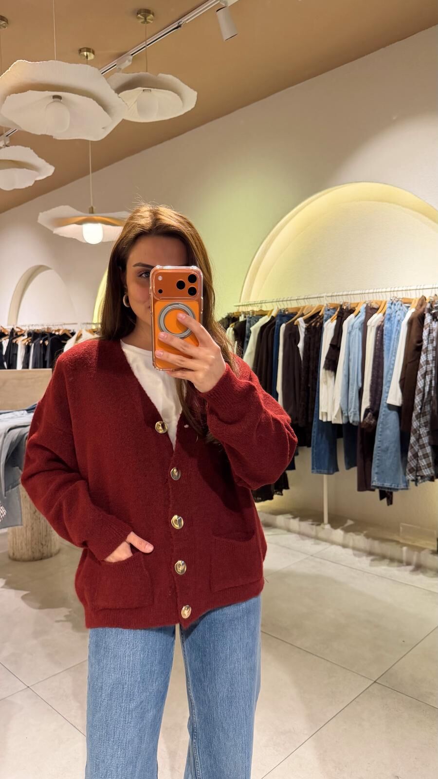 Düğmeli Yün Hırka Bordo