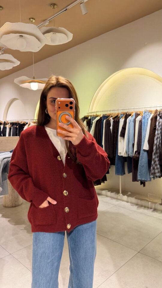 Düğmeli Yün Hırka Bordo