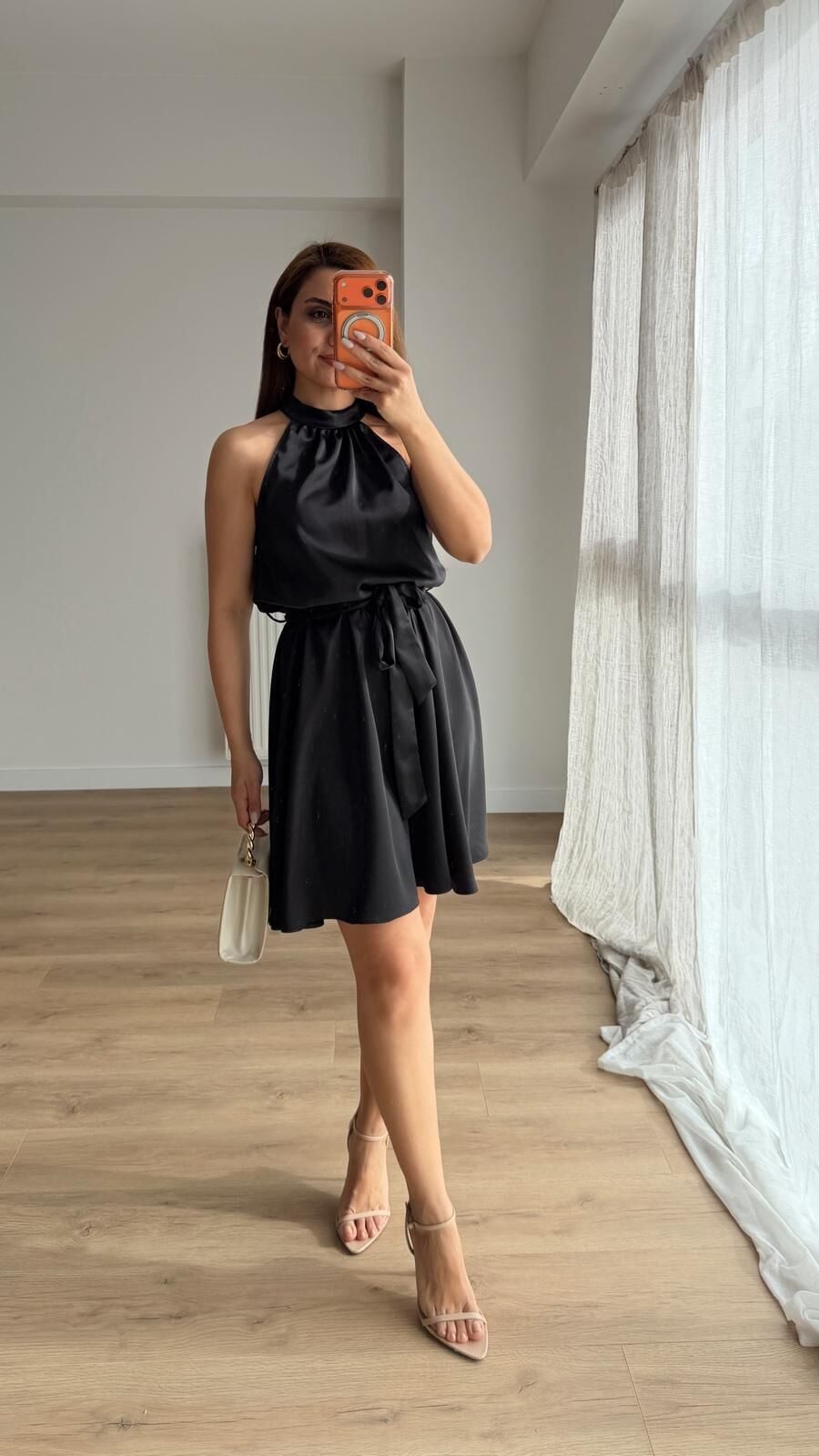 Saten Kuşaklı Mini Elbise Siyah