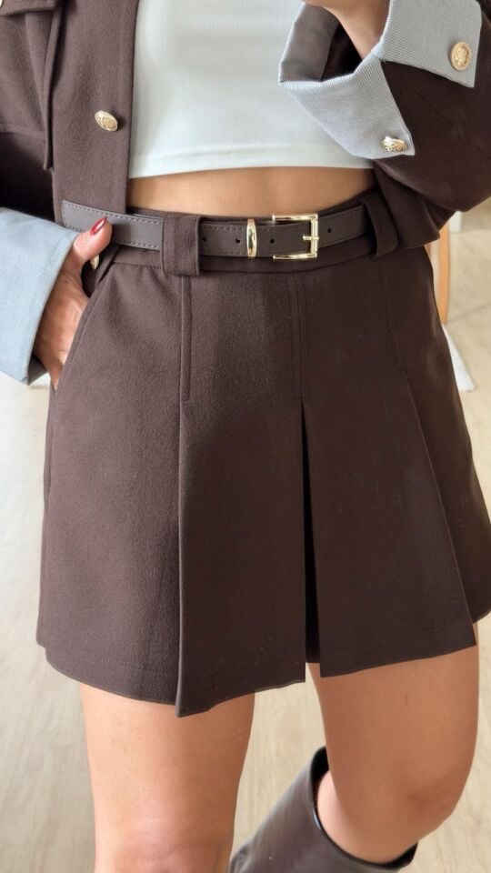 Kemerli Şort Etek Kahve