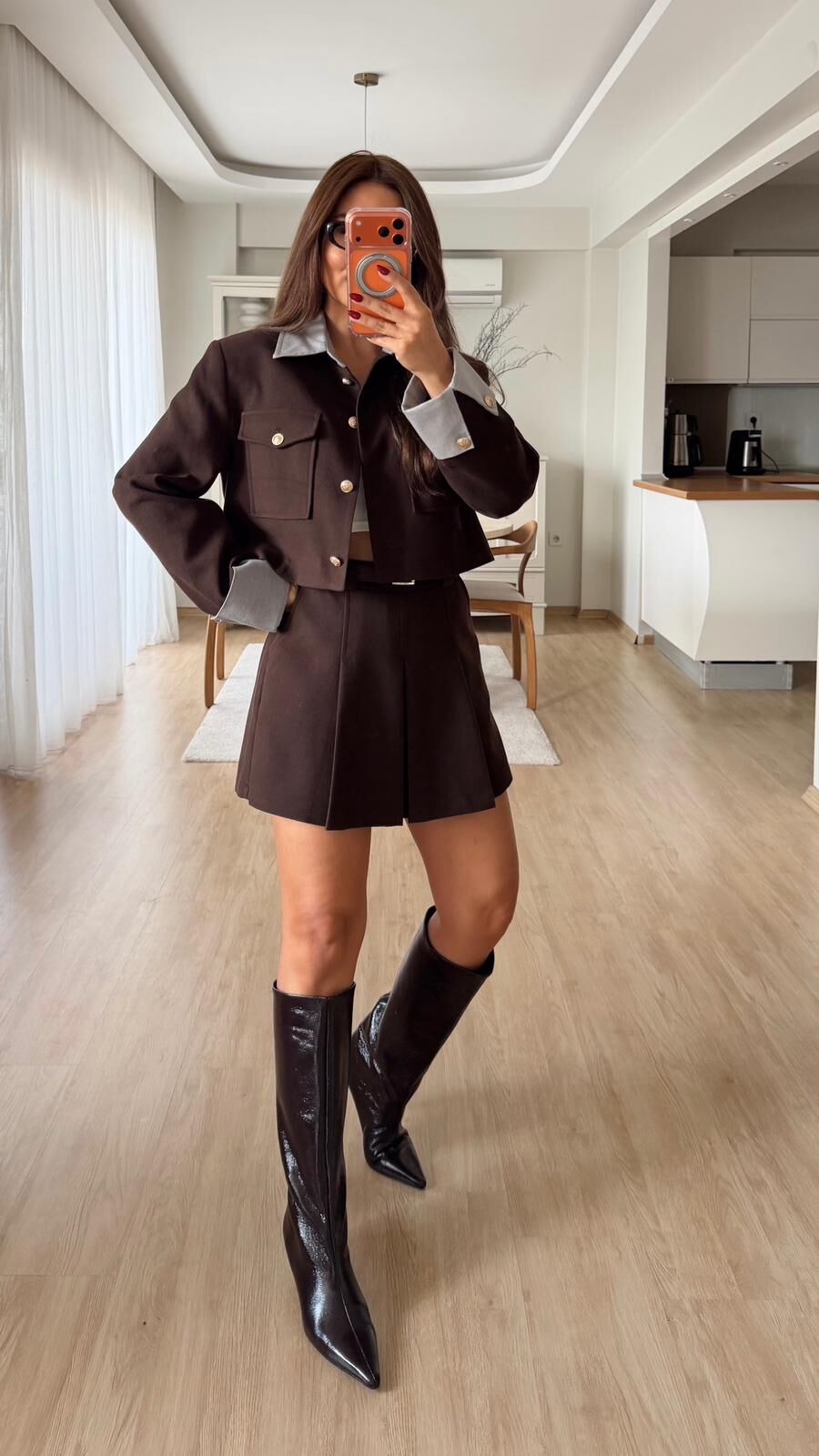 Kemerli Şort Etek Kahve