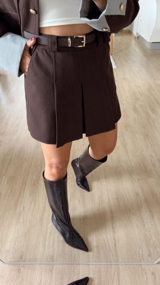 Kemerli Şort Etek Kahve