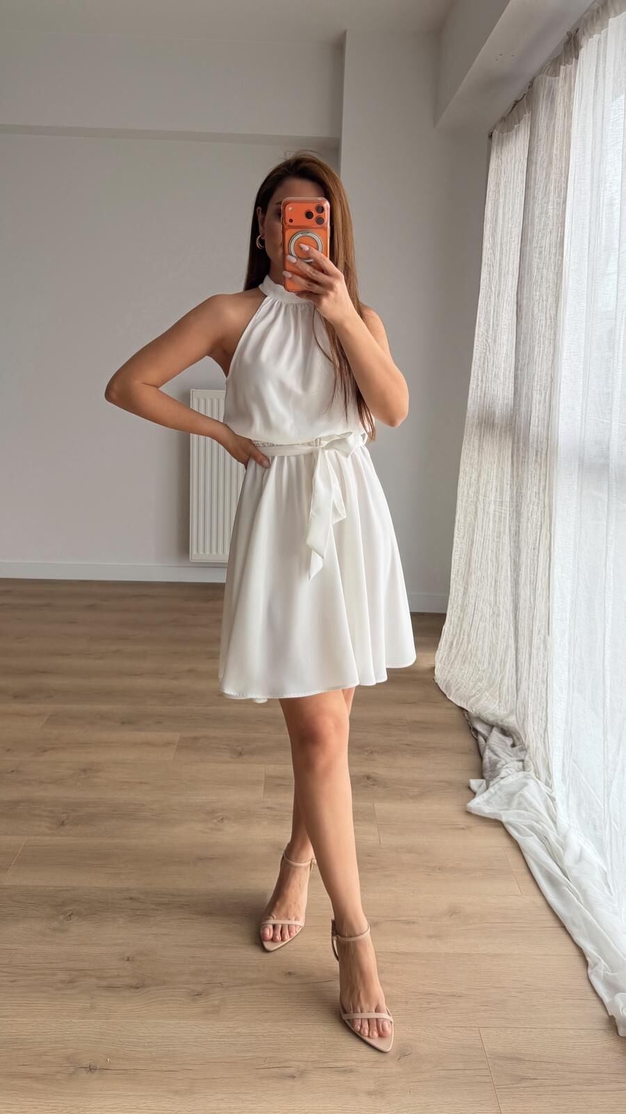 Saten Kuşaklı Mini Elbise Ekru