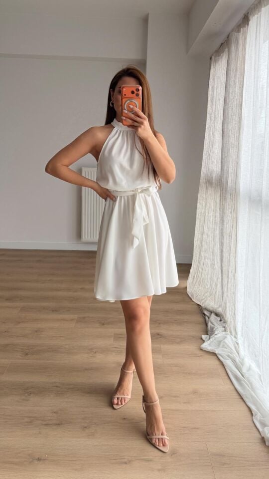 Saten Kuşaklı Mini Elbise Ekru
