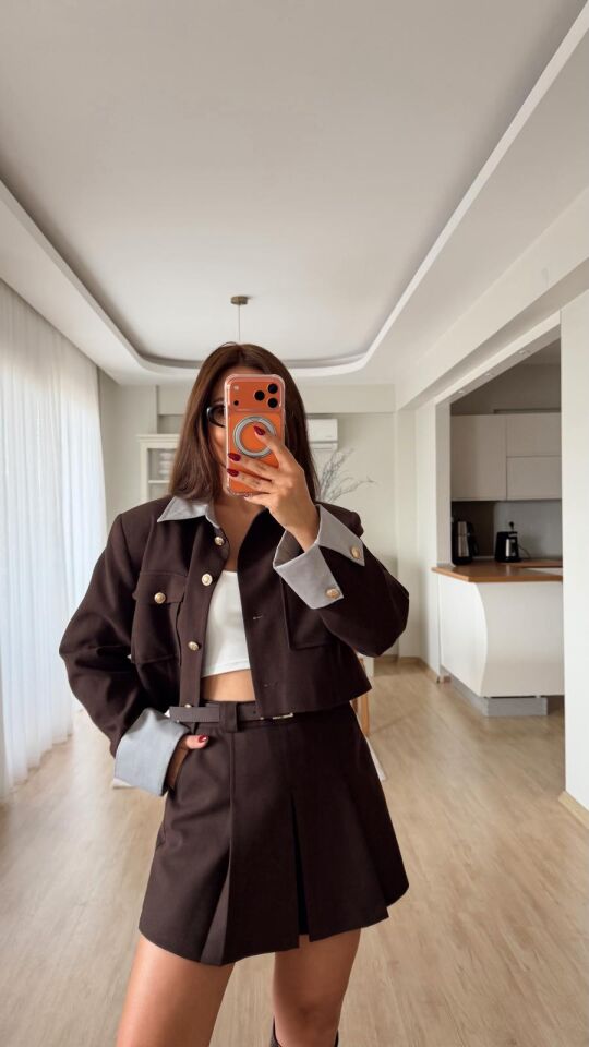 Garnili Crop Ceket Kahve