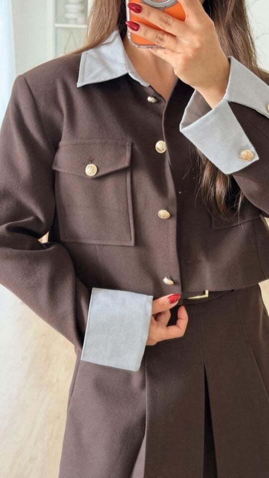 Garnili Crop Ceket Kahve