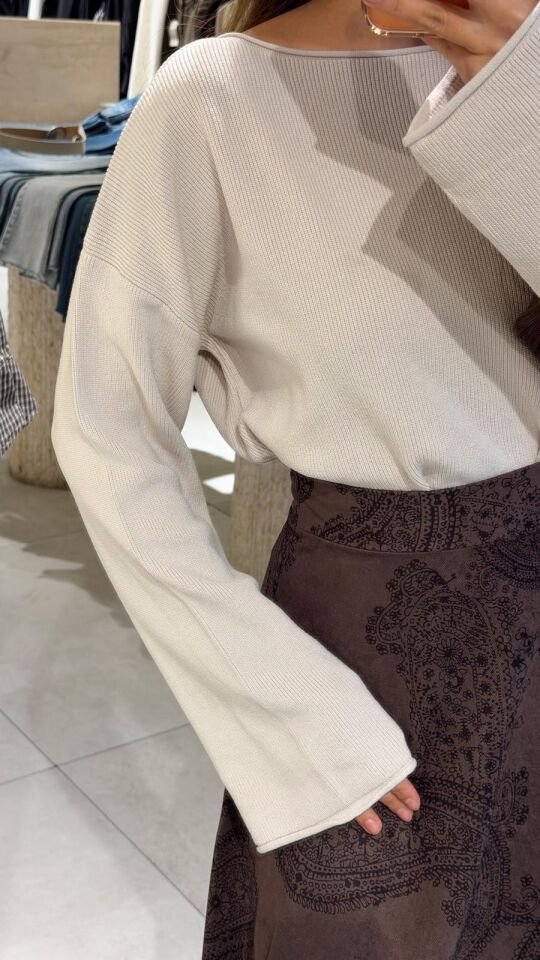 Kayık Yaka Fitilli Triko Bej