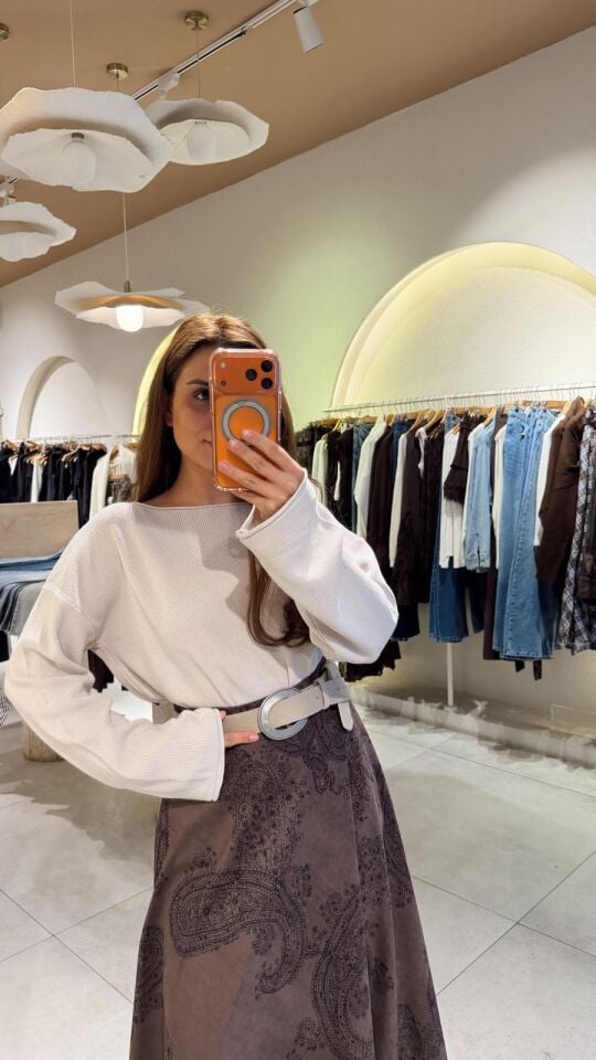 Kayık Yaka Fitilli Triko Bej