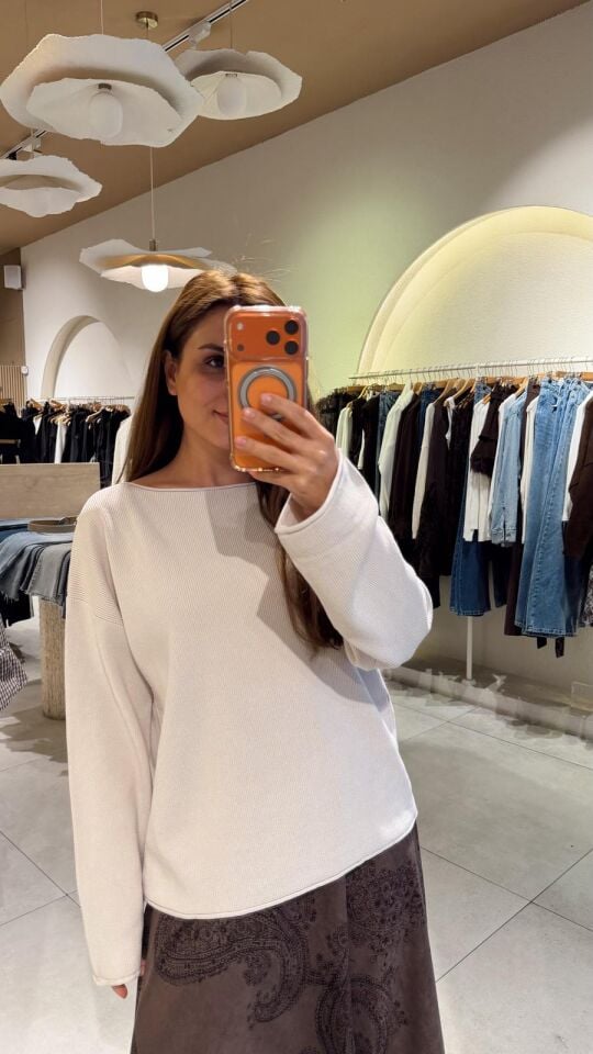 Kayık Yaka Fitilli Triko Bej