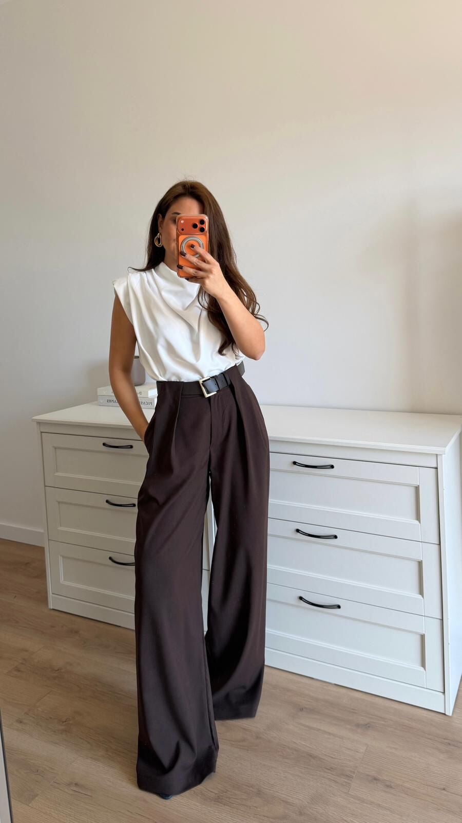 Kalın Bel Bantlı Pantolon Kahve