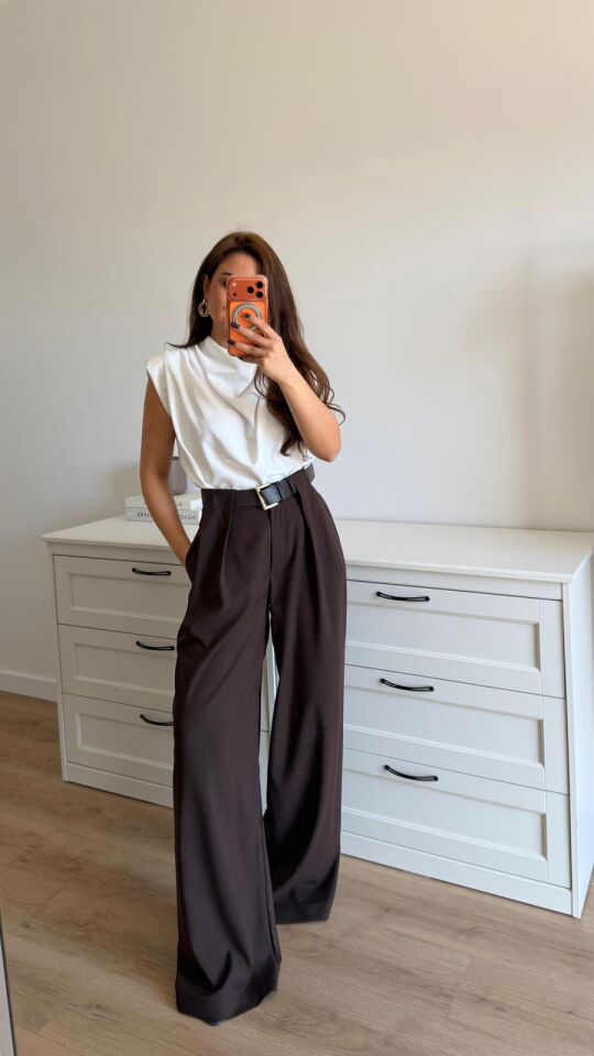 Kalın Bel Bantlı Pantolon Kahve