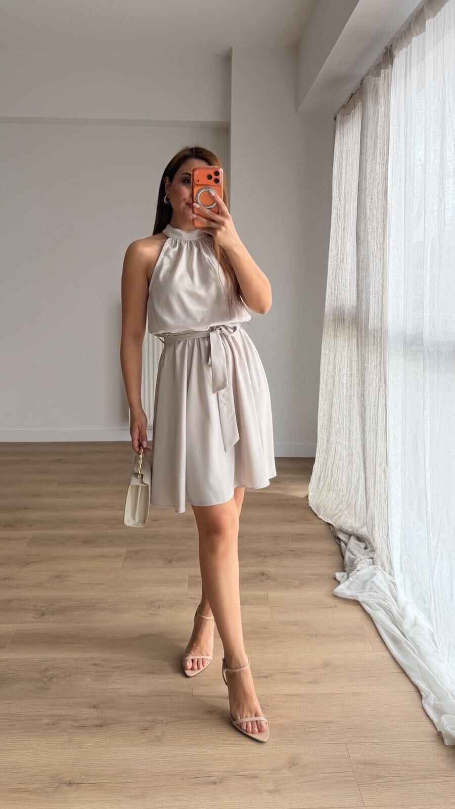 Saten Kuşaklı Mini Elbise Taş