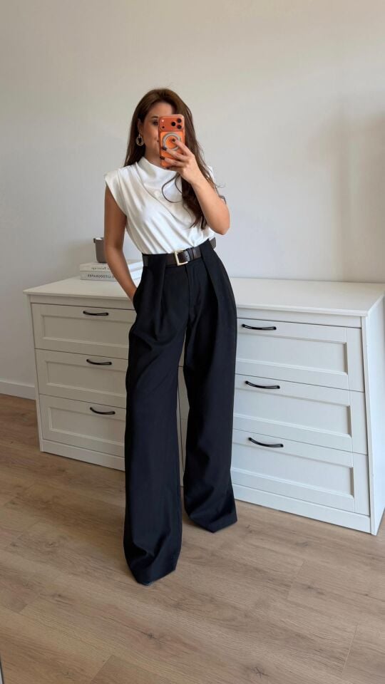 Kalın Bel Bantlı Pantolon Siyah