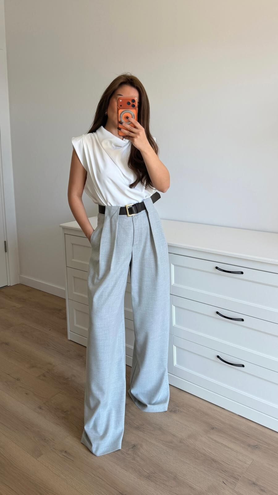 Kalın Bel Bantlı Pantolon Gri