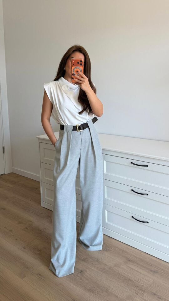 Kalın Bel Bantlı Pantolon Gri