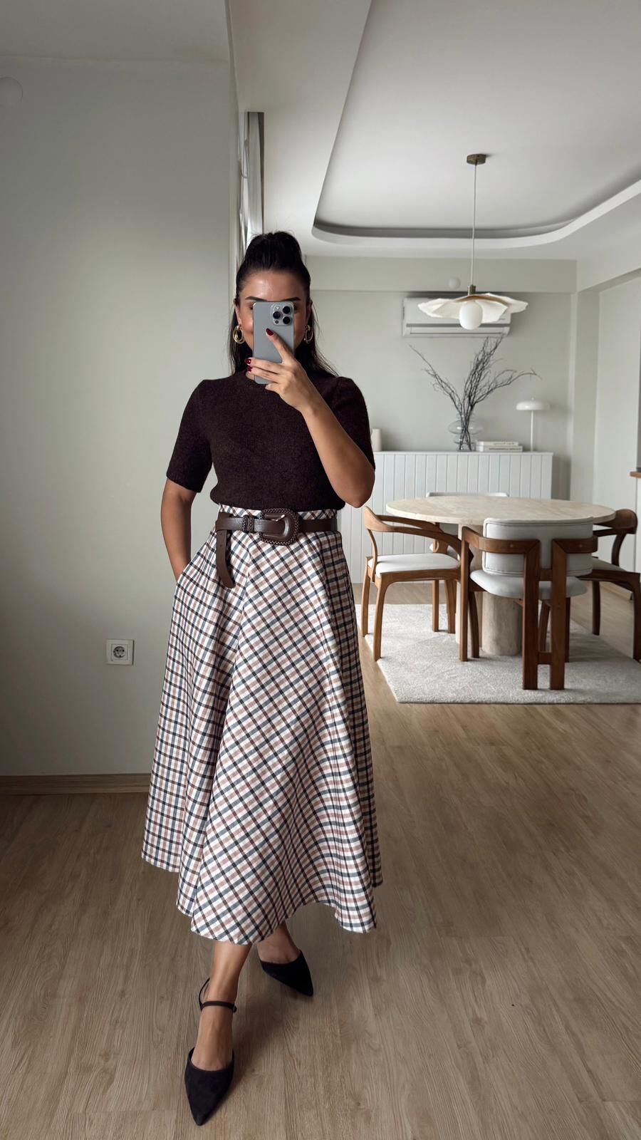 Ekose Süet Uzun Etek