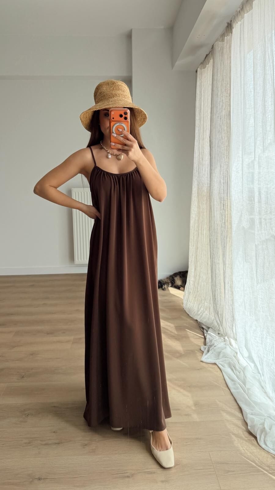 Askılı Salaş Elbise Kahve
