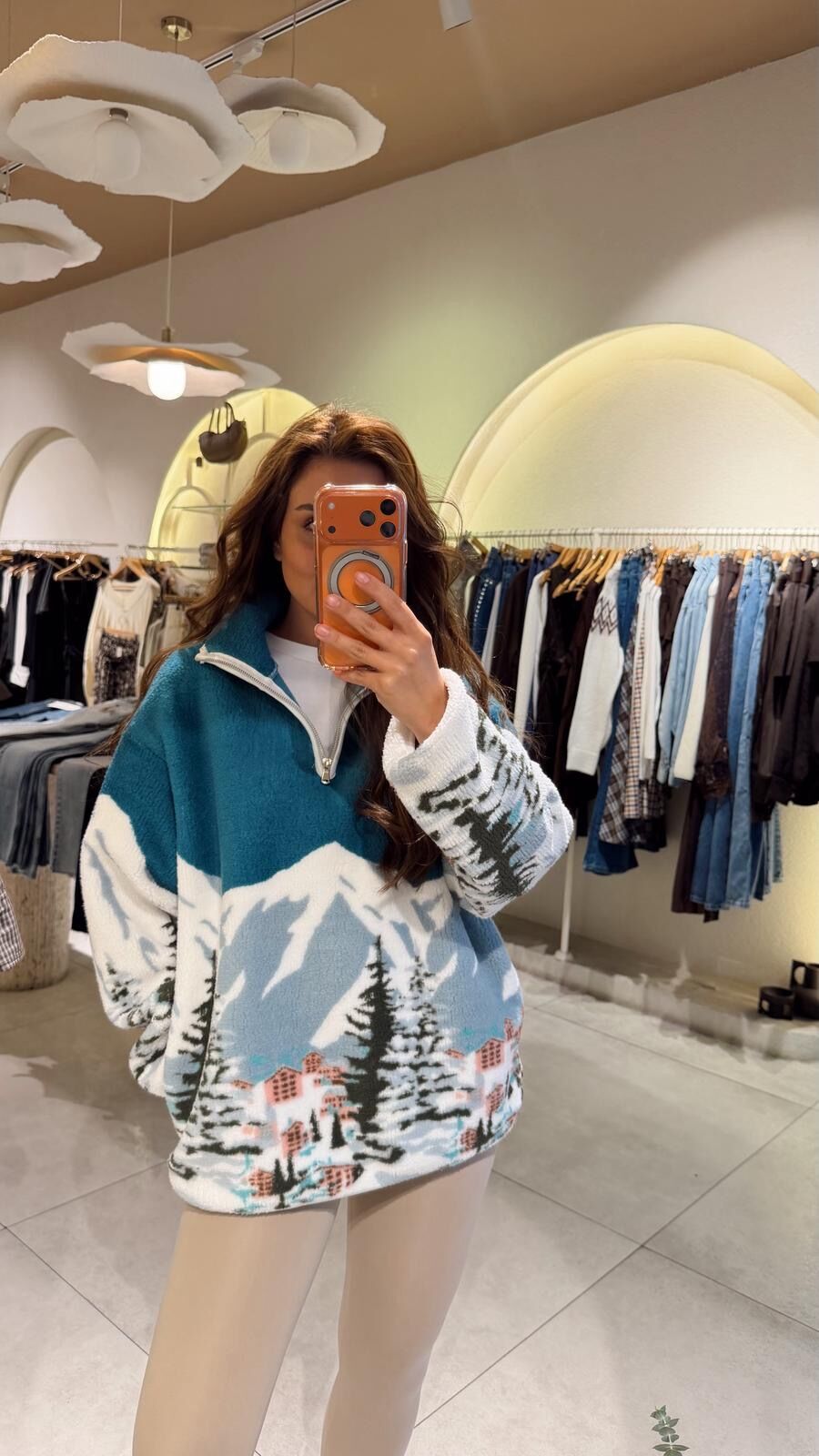 Desenli Fermuarlı Sweat Mavi