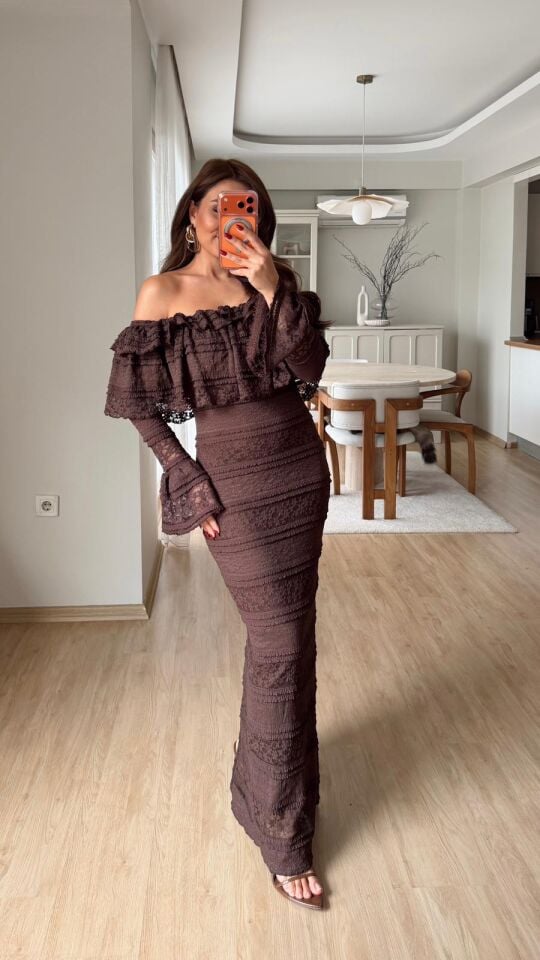 Madonna Güpürlü Elbise Kahve