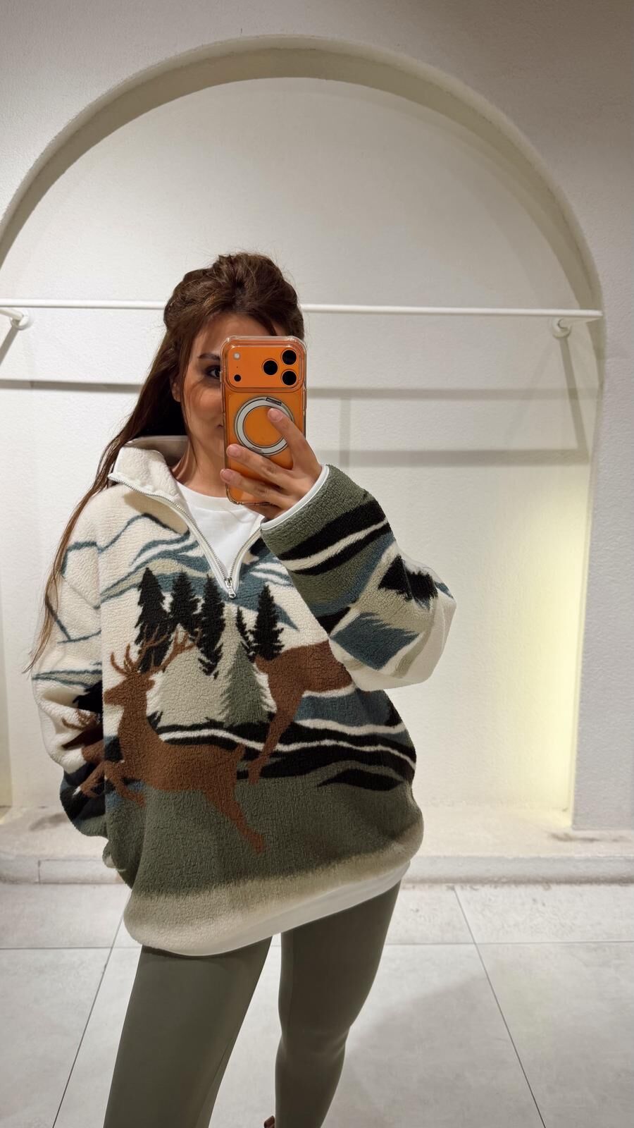 Desenli Fermuarlı Sweat Yeşil