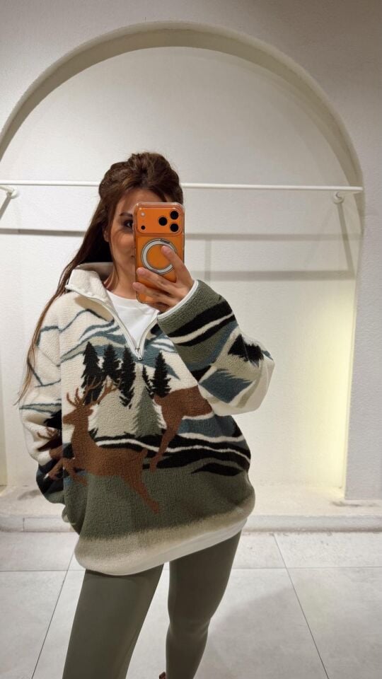 Desenli Fermuarlı Sweat Yeşil