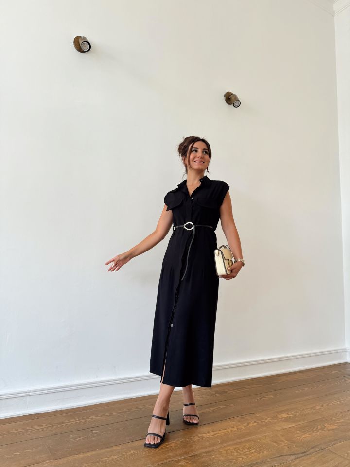 Kemerli Tencel Elbise Siyah