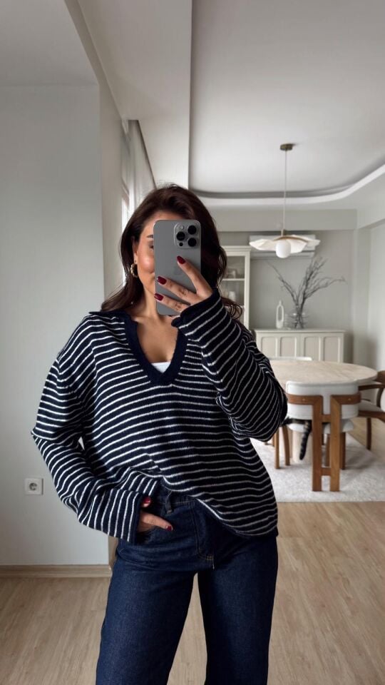 Polo Çizgili Kazak Lacivert