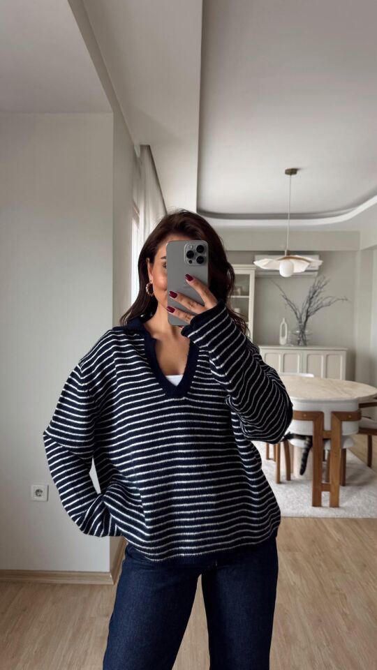 Polo Çizgili Kazak Lacivert