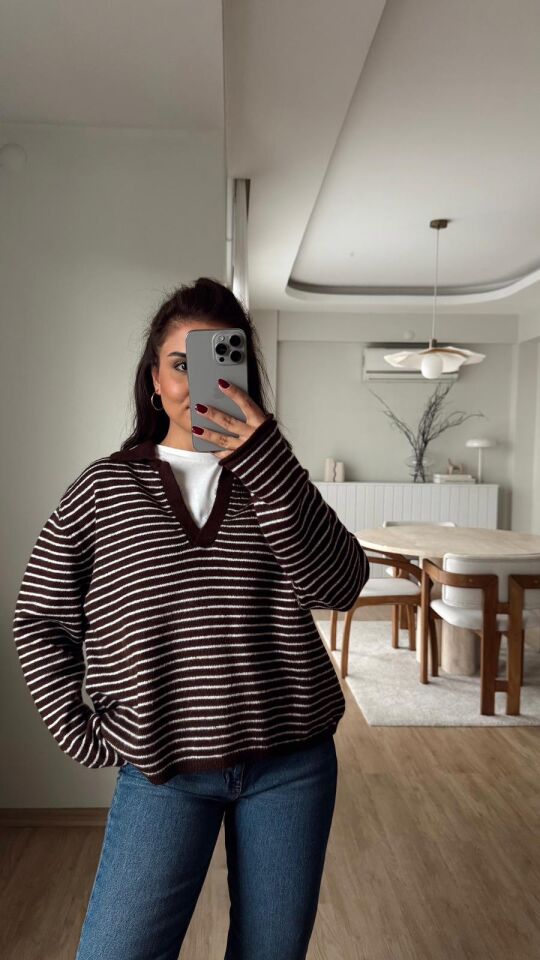 Polo Çizgili Kazak Kahve