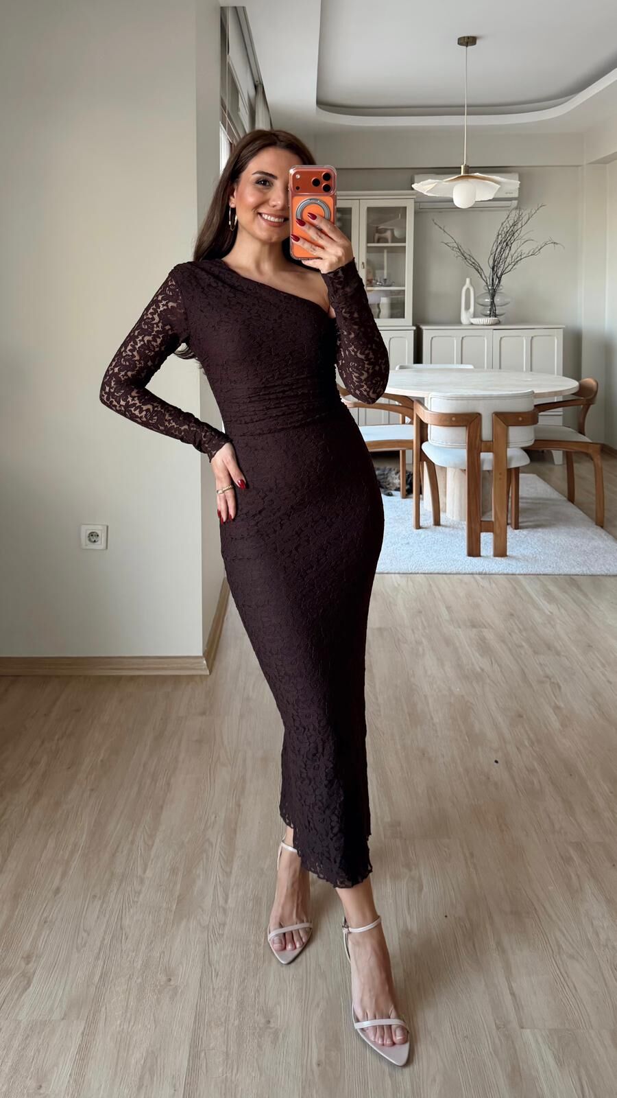 Tek Omuz Güpür Elbise Kahve